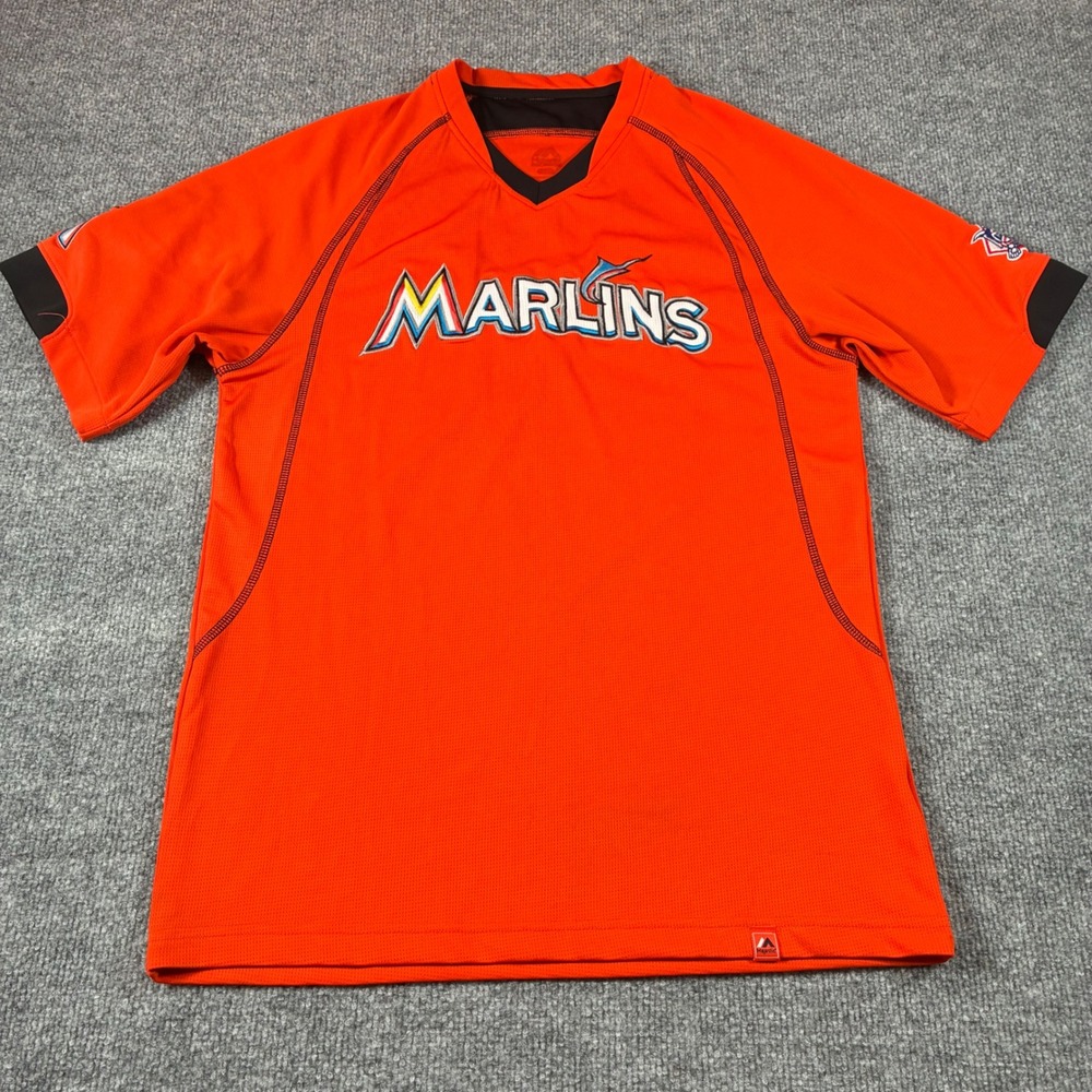 Majestic Miami Marlins MLB Jersey Mens M Orange V Neck Baseball